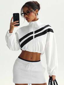 Dewbera Chaqueta deportiva con bloqueo de color, cremallera completa y dobladillo con cordón, adecuada para primavera y otoño