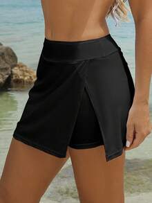 Swim Lushoire Women's Solid Color Beach Elegant Side Slit Pants Design Swimwear Beach Pants - Black - View 8