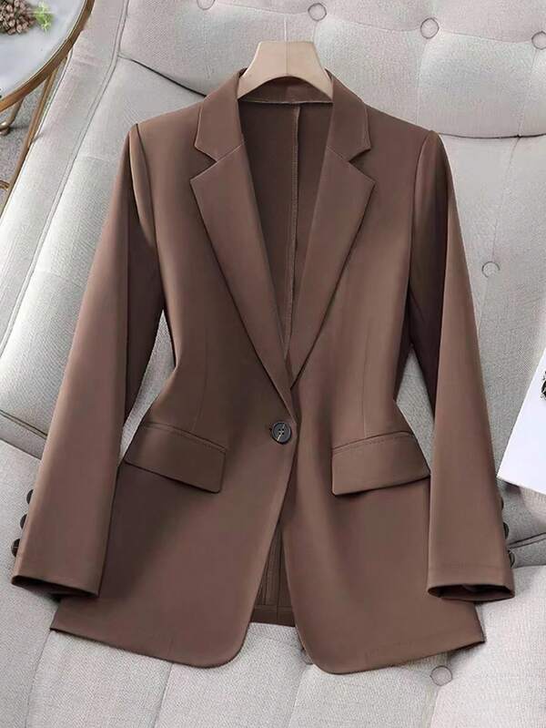 Franclia Blazer marrón de alta gama con cuello en V profundo, un solo botón, ajustado y con abertura en la espalda, versátil para la oficina y el día a día, para mujer. Traje, ropa exterior, ropa casual de oficina, ropa de otoño, regreso a la escuela, ropa de otoño para maestras