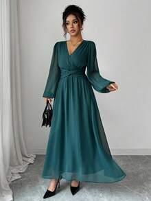 Elenzga Váy xếp ly voan cổ điển thanh lịch dành cho nữ, xếp ly chéo, eo xoắn, dáng chữ A, tay bồng, thích hợp cho tiệc trà chiều, tiệc tùng, phong cách đường phố vào mùa xuân, thu đông - Màu xanh lá cây đậm - Xem 6