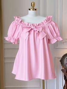 Rometta Camisa suelta casual elegante y sexy de hombros descubiertos con decoración de lazo, color rosa romántico en talla grande - Rosa - Ver 7