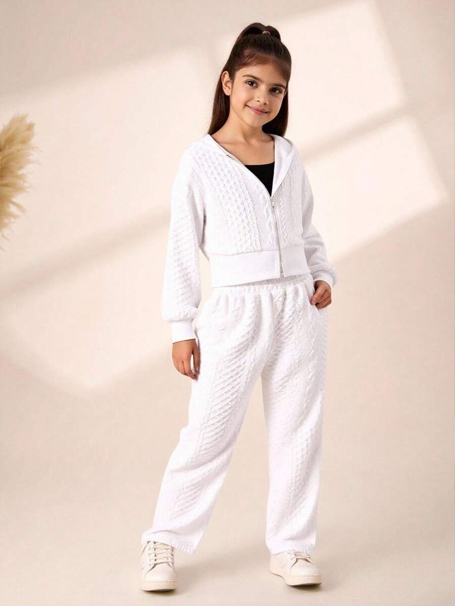 SHEIN Tween Girl Loose Casual Minimalist Comfortable Hoodie And Pants Set Fall Winter - White - View 1
