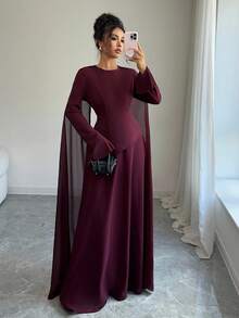 Elenzga 女士优雅中东风格复古法式别致连衣裙，采用分层设计，可调节腰部，喇叭袖和肩部垂坠，适合派对，秋冬季 - 紫紅色 - 查看 6