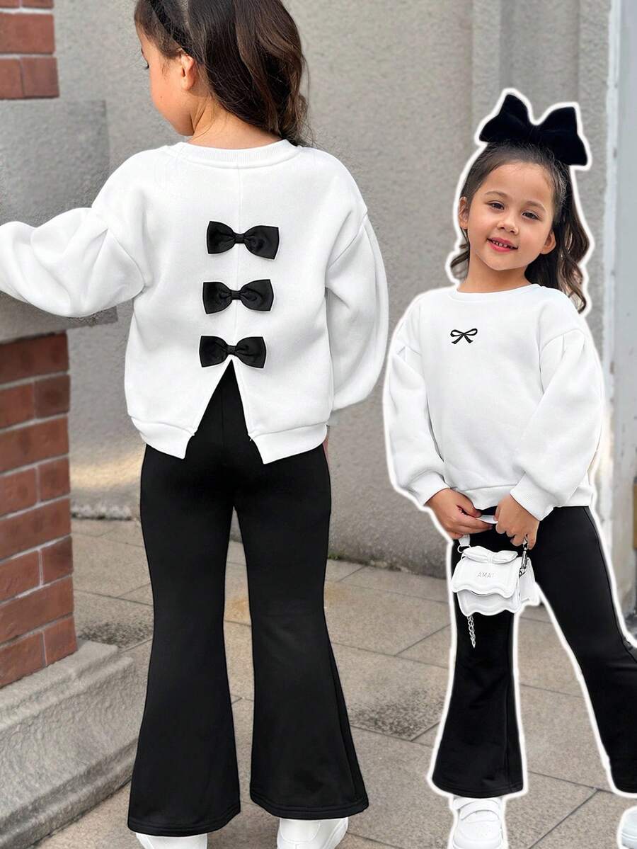 SHEIN Young Girl Loose Casual Minimalist Comfortable Round Neck Long Sleeve Bow Decor Sweatshirt And Flared Pants Set Girls Bell Bottom Outfit Bell Bottom Outfits For Kids Bow Tops For Girls Flare Pants Set Kids Girls Bow Back Top Back To School Kids Bow Outfits Girl Long Sleeves Outfits Sweatshirt Set For Girl Fall Winter - Pink - View 1
