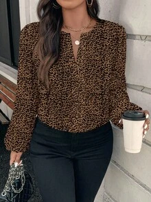 EMERY ROSE Back To School & Teacher's Day Commuter Style Casual Elegant Vintage Leopard Print Long Sleeve Plus Size Shirt, Suitable For Autumn/Winter Chic Blouses For Women,Fall Clothes For Women - Brown - View 4