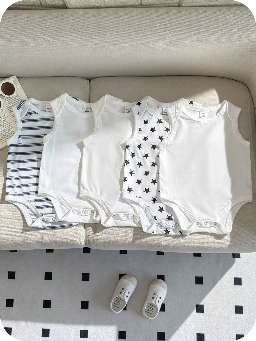 SHEIN 5件套新生男婴休闲百搭针织柔软圆点条纹背心式服装