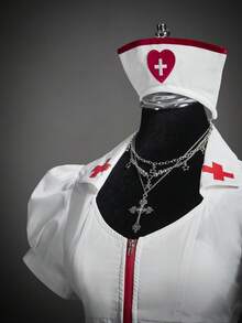 SHEIN ICON Women's Halloween Nurse Costume Set, Cross Decor Short Sleeve Cropped Zip-Up Top And Low-Waist Mini Skirt, Bodycon Sexy Cosplay Outfit