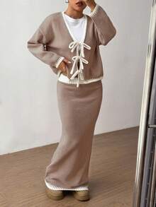 Flirla Set de 2 piezas: Cárdigan de punto de manga raglán con ajuste holgado y lazo en degradado, y minifalda de punto para otoño/invierno