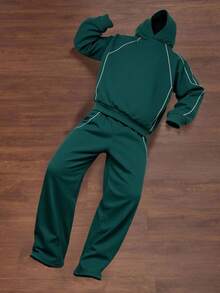SHEIN 2pcs/Set Teen Boys' Casual Seam Decor Hoodie Sweatshirt And Sweatpants,Green Tracksuit For Autumn,Streetwear,Graduation,Back-To-School Fashionable - Green - View 5