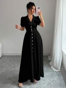 Elenzga Vestido camisa de manga abullonada, cuello de solapa, abotonadura sencilla, unicolor, talla grande para mujer de verano - Negro - Ver 4
