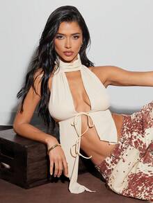Denimoi Spring And Summer Solid Open Back Cut Out Sexy High Neck Mesh Halter Top, Backless Top, Vacation For Women, Summer For Women, Fashionable, Clubbing, Sexy Top - Apricot - View 2