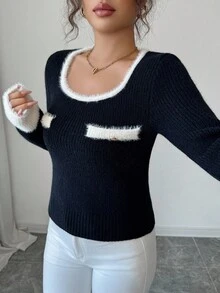 Elenzga Suéter elegante de punto con diseño de bolsillo falso para mujer, de alta calidad y gracia - Negro - Ver 4