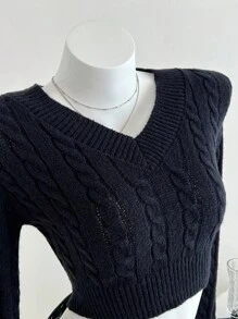 SHEIN Unity Women Casual Solid Color V-Neck Fitted Cropped Cable Knit Pullover Sweater Knit Pullover Fall Winter - Black - View 3