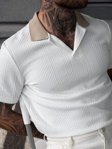 Manfinity Homme 男士撞色短袖休闲通勤 Polo 衫，复古风 - 白色 - 查看 1