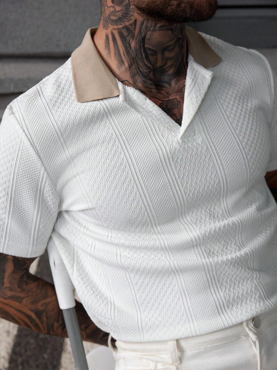 Manfinity Homme 男士撞色短袖休闲通勤 Polo 衫，复古风 - 白色 - 查看 1