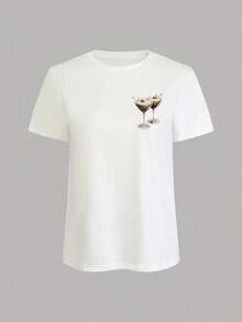 Jouncy Summer Women's Two Pieces Short Sleeve T-Shirt And Striped Shorts Set With Cocktail Print