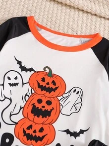 2 件套女士万圣节主题插肩袖撞色领牛奶丝面料家居睡衣套装女士万圣节睡衣，秋季服装