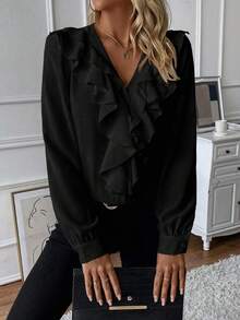 EMERY ROSE Ruffle Trim Lantern Sleeve Blouse Women Shirt Fall Cloth For Women - Black - View 3
