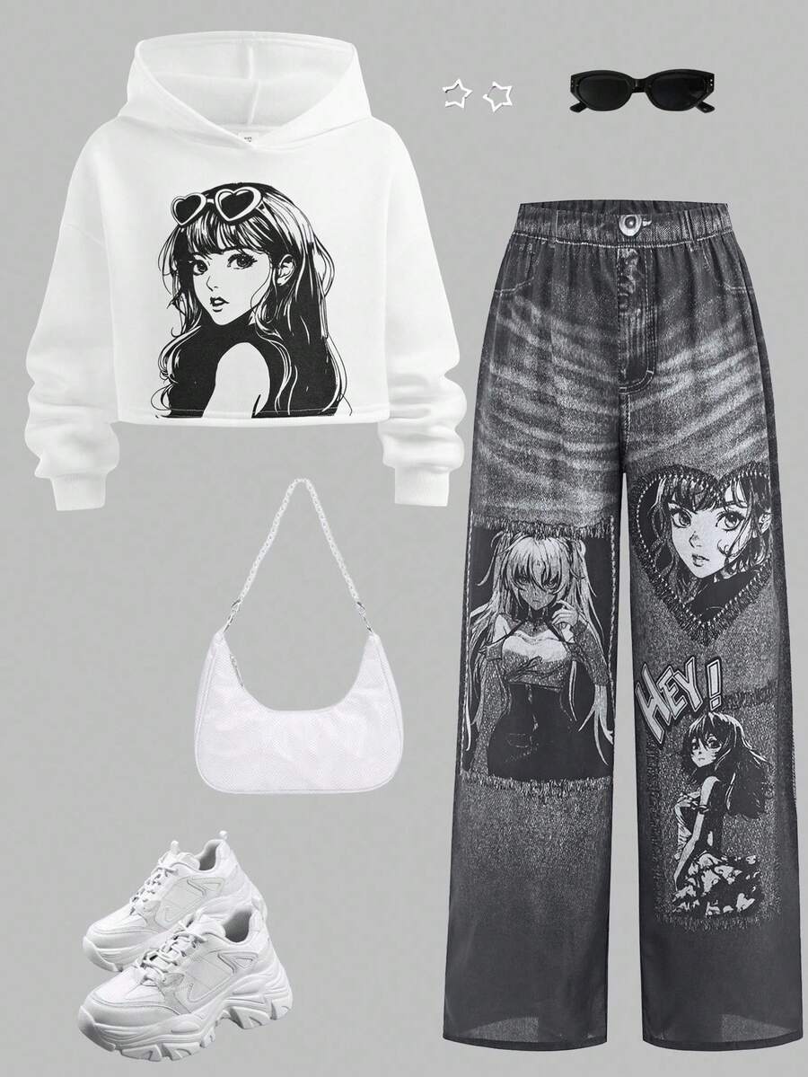 SHEIN Bộ quần áo hoodie và áo nỉ thoải mái, rộng rãi cho bé gái tuổi mới lớn - trắng - Xem 1