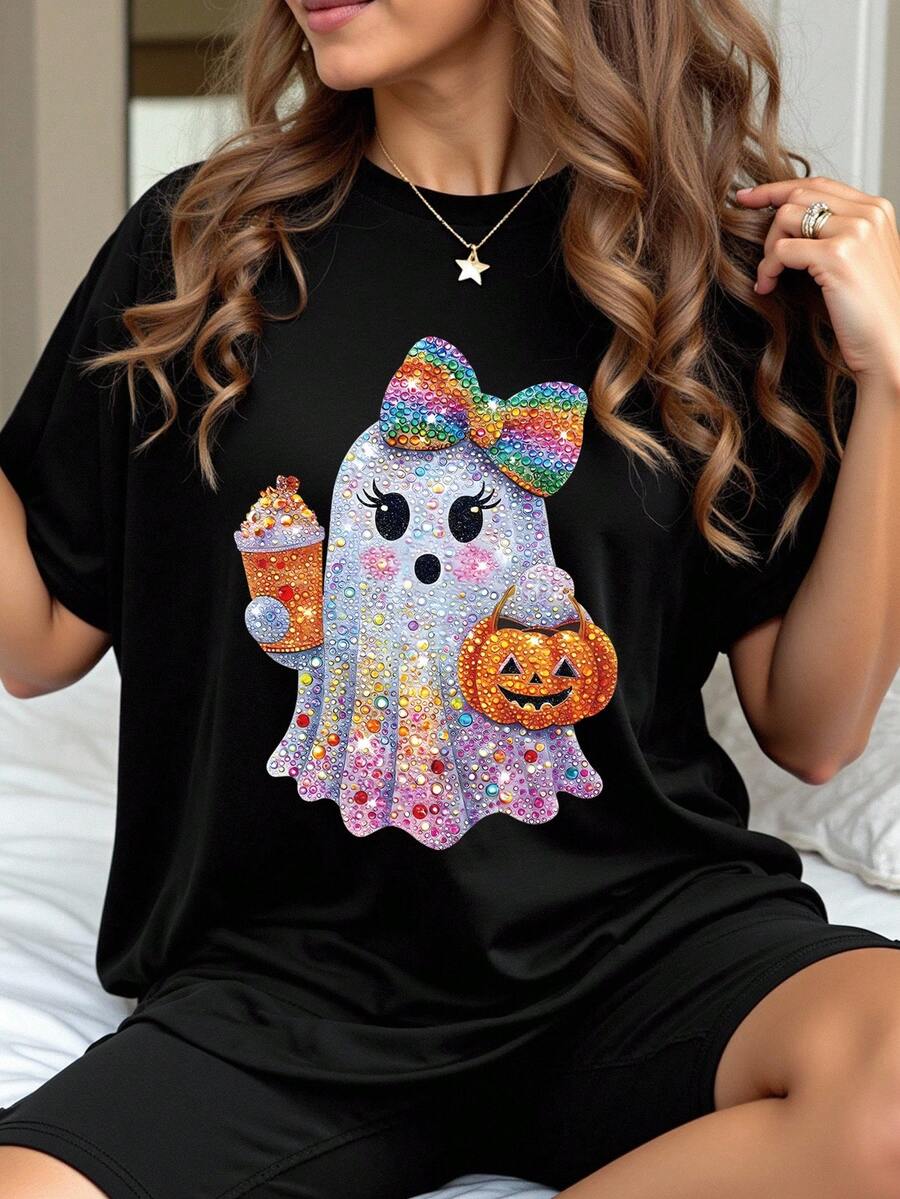EMERY ROSE Plus Size Halloween T-Shirt, Plus Size Graphic Tee For Streetwear, Short Sleeve Cute Summer Top - Black - View 1