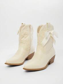 Solezae Women Comfortable Almond Toe Block Heel Western Boots With Ribbon Bowknot - Beige - View 7