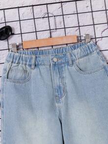 青少年男孩牛仔裤，休闲舒适都市 Y2K 街头复古水洗宽松腰部松紧腰宽松七分牛仔裤，夏季 - 淺色水洗藍 - 查看 5