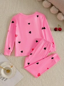 2 pièces Ensemble de pyjama ajusté avec imprimé chat mignon et cœur qui brille dans le noir, haut à manches longues et pantalon - Rose bonbon - Voir 2