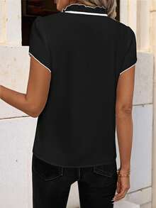 Solivie Fitted Women's Contrast Color Short Sleeve Blouse Summer For Women Teacher For Women Tie Neck Shirts Country Women Summer Women - Black - View 3