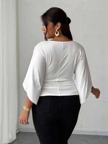 Elenzga Plus Size Women Waist Cinched Casual French Style Versatile T-Shirt - White - View 2