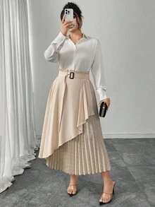 Modelyn Plus Size Women Elastic Waist Ruffle Patchwork Plaid Pleated A-Line Skirt, Elegant & Versatile Fall Cloth For Women - Apricot - View 6