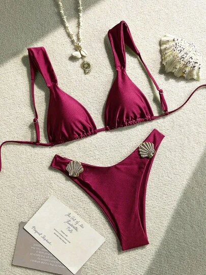 SHEIN Swim Set de 2 piezas de traje de baño sexy con sujetador triangular con decoración de concha dorada y tiras gruesas de unicolor brillante, y braga de corte alto para vacaciones de verano