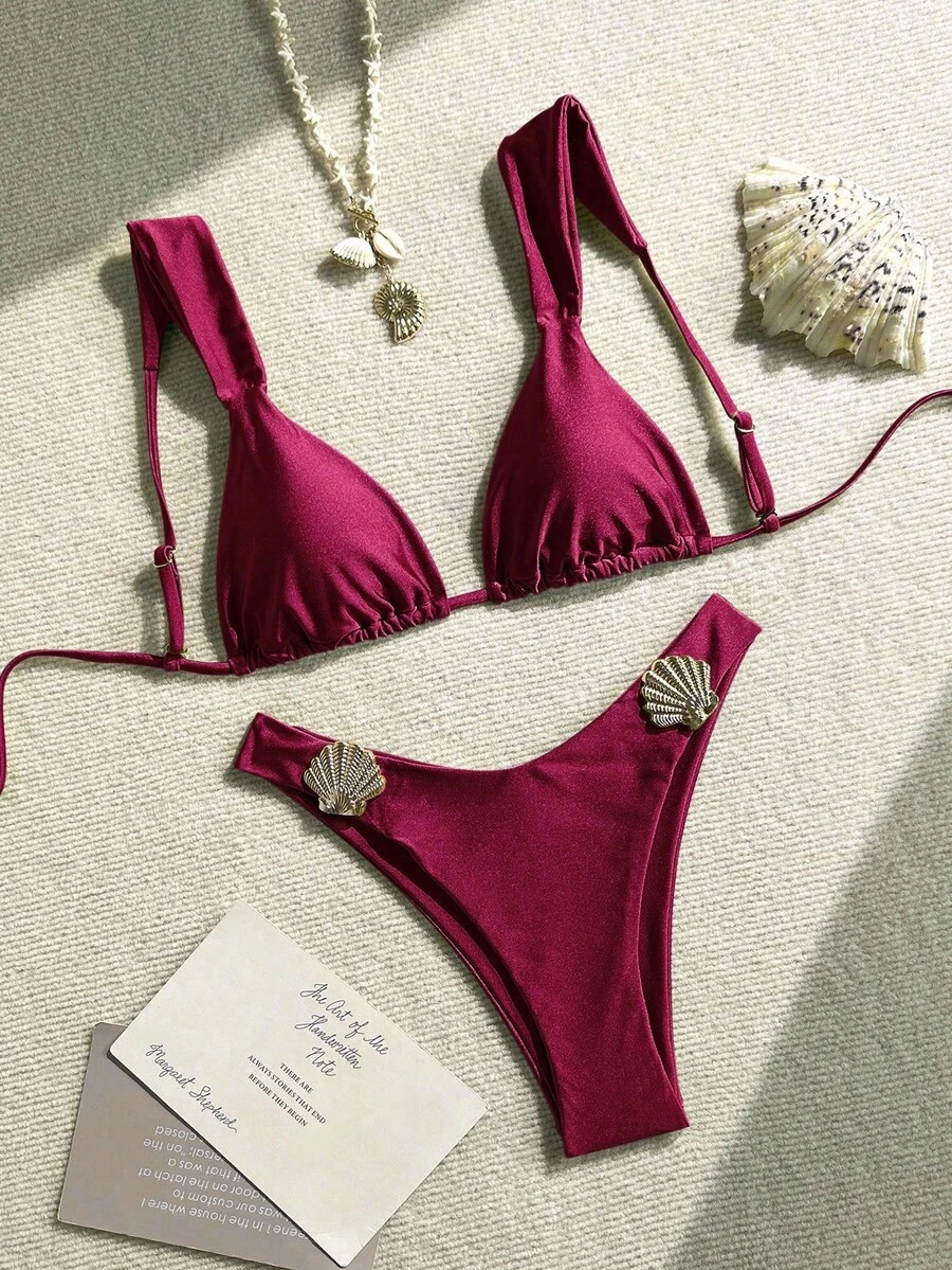 SHEIN Swim 2 件套夏季假期闪亮纯色粗肩带金色扇贝装饰三角杯文胸和高叉比基尼泳裤性感泳衣套装 - 酒紅色 - 查看 1
