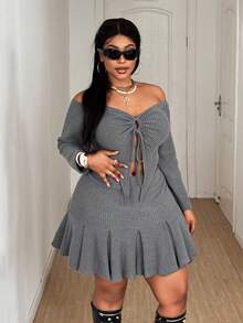 Maweii 2pcs/Set Sexy Hollow Out Lace-Up Long Sleeve Crop Top For Plus Size