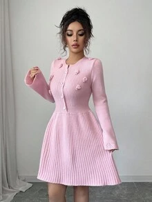 Elenzga Women's New Round Neck Handmade 3D Floral Design Soft & Sweet Knit Sweater Dress, Fashionable & Elegant For Dating, Autumn/Winter Fall Cloth For Women