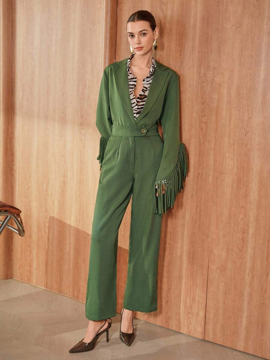 SHEIN Unity 女士纯色高腰褶皱宽松优雅阔腿裤 - 綠色 - 查看 1