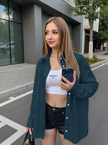 INAWLY Women's Equestrian Logo Casual Loose Long Sleeve Shirt - Navy Blue - View 4