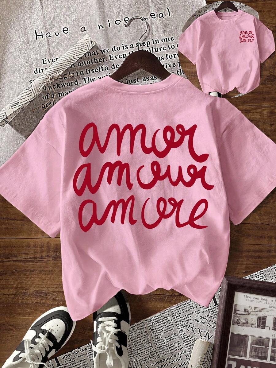 Glissea 女士休闲落肩圆领短袖T恤，夏季百搭 - 淺粉色 - 查看 1