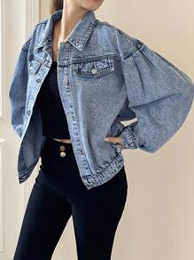 Vintage Washed Denim Blue Single-Breasted Loose BF Style Pleated Puff Sleeve Denim Jacket For Teen Girls, Fashionable & Versatile, Soft & Comfortable Fabric, Suitable For Spring, Autumn, Winter Daily Wear, Commuting, Travel - Medium Wash - View 9