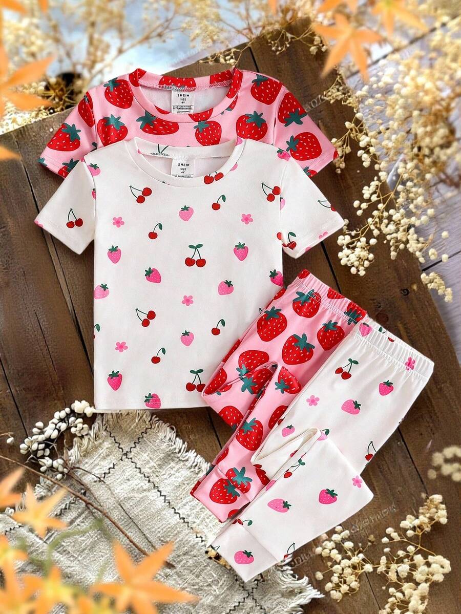 SHEIN 4 件套少女草莓图案针织柔软圆领短袖上衣和松紧腰紧身裤睡衣套装 - 彩色 - 查看 1