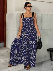 Easura Große Größen Midi-Kleid für Damen mit neuen schwarz-weißen Streifen und Schleife in Taillenhöhe, geeignet für Urlaub und Business-Casual