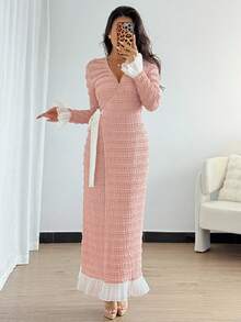 Chiquease French Palace Style Lace Crochet Dress,Pink And White,Autumn,Elegant,Wedding Ninang,V-Neck Tie Waist Slim Fit Long Party Wedding Guest Dresses Women - Dusty Pink - View 3