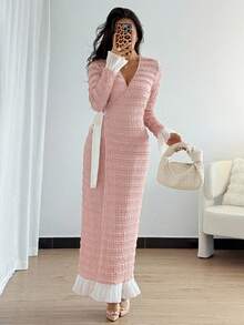 Chiquease French Palace Style Lace Crochet Dress,Pink And White,Autumn,Elegant,Wedding Ninang,V-Neck Tie Waist Slim Fit Long Party Wedding Guest Dresses Women - Dusty Pink - View 7