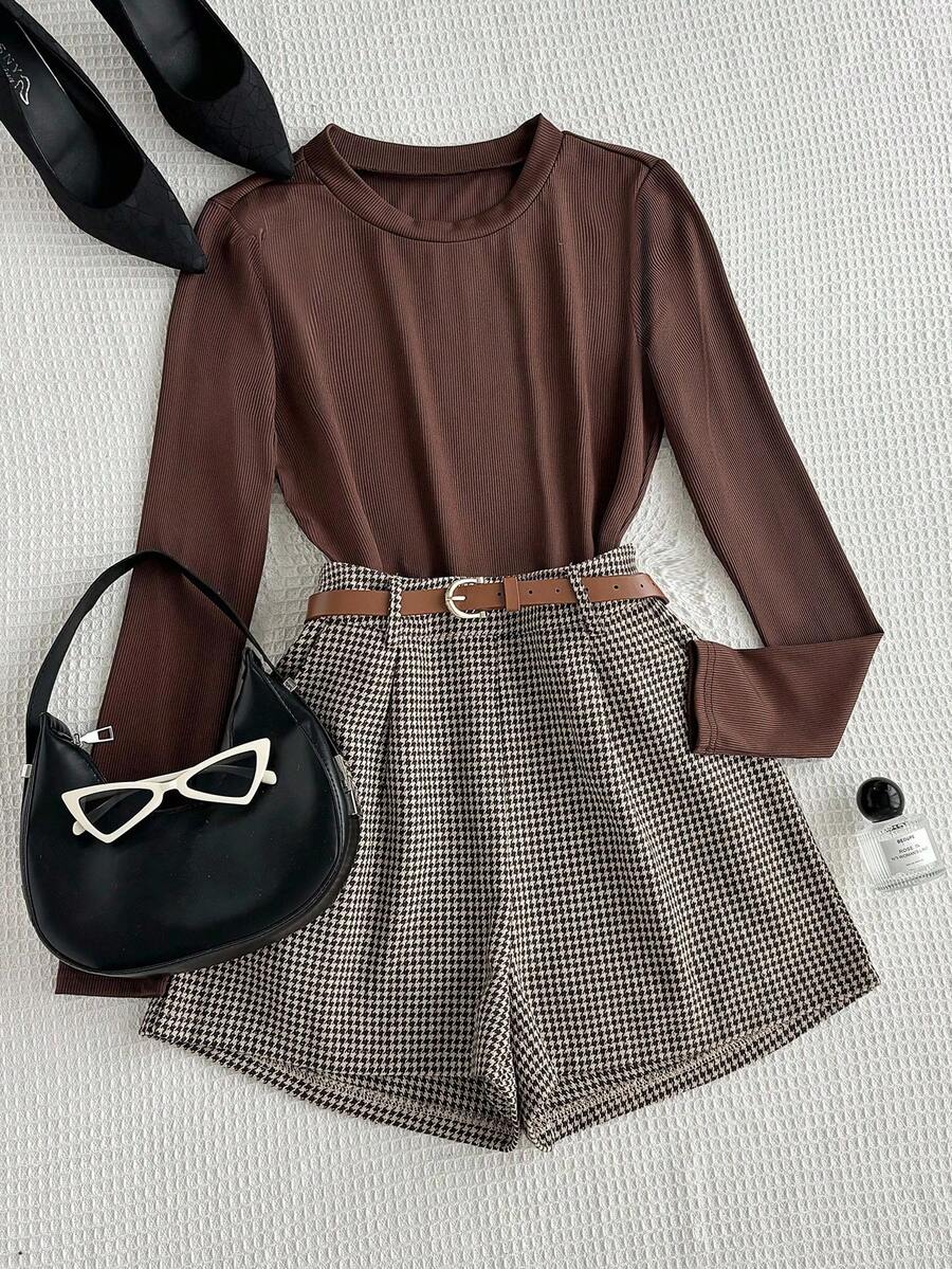 Franclia 外出、日常休闲、百搭通勤长袖上衣&千鸟格短裤、秋冬两件套、秋季穿搭 - 棕色 - 查看 1