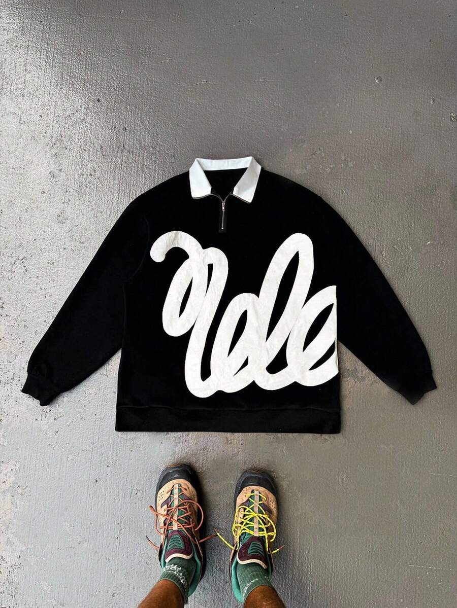 Manfinity Dauomo Áo khoác nỉ dài tay có khóa kéo, dáng rộng, in họa tiết, cỡ lớn dành cho nam, thích hợp cho mùa thu. - màu đen - Xem 1