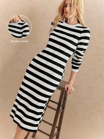 Écloséra 法式优雅圆领单肩开扣前开衩长袖黑白条纹连衣裙，秋冬