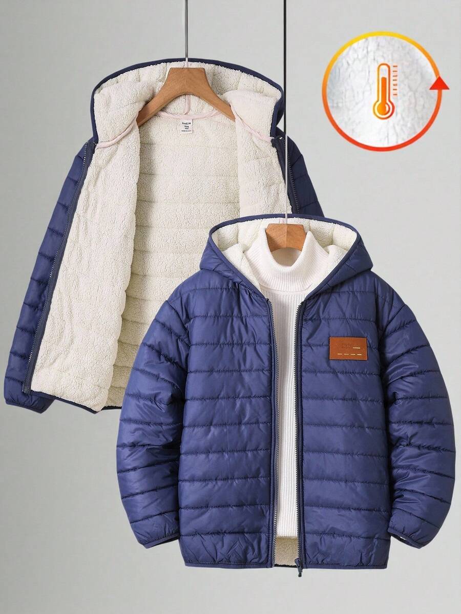 SHEIN 男童休闲加厚连帽拉链派克大衣，带保暖内衬，适合上学、花园、海滩、生日、春季、夏季、秋季、冬季穿着，男童冬季外套，男童秋冬夹克，男童连帽冬季外套 - 寶藍色 - 查看 1