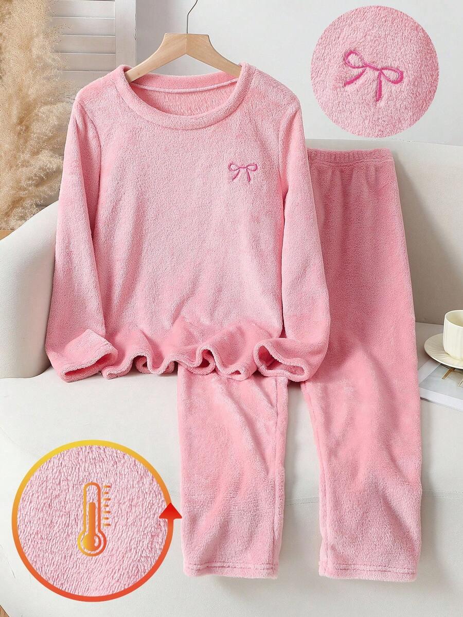 Tween Girls 2-Piece Pajama Set, Flame Resistant Soft Fleece Crew Neck Pullover Top And Pants, Comfortable Loungewear Autumn Girls Night Soft Pink Cute - Baby Pink - View 1