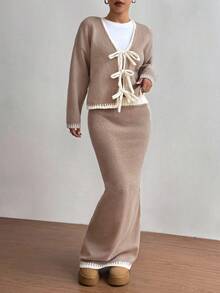 Flirla Set de 2 piezas: Cárdigan de punto de manga raglán con ajuste holgado y lazo en degradado, y minifalda de punto para otoño/invierno