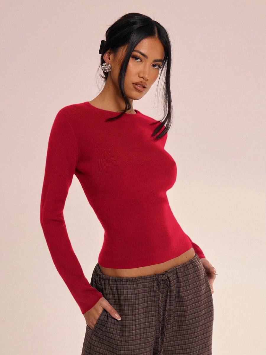 MUSERA 针织圆领长袖上衣，休闲度假机场出行返校优雅节日派对情人节春夏装 - 紅色 - 查看 1