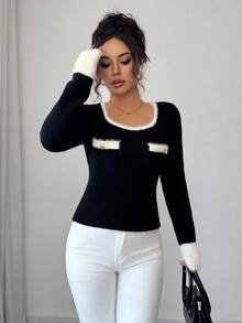 Elenzga Suéter elegante de punto con diseño de bolsillo falso para mujer, de alta calidad y gracia - Negro - Ver 5